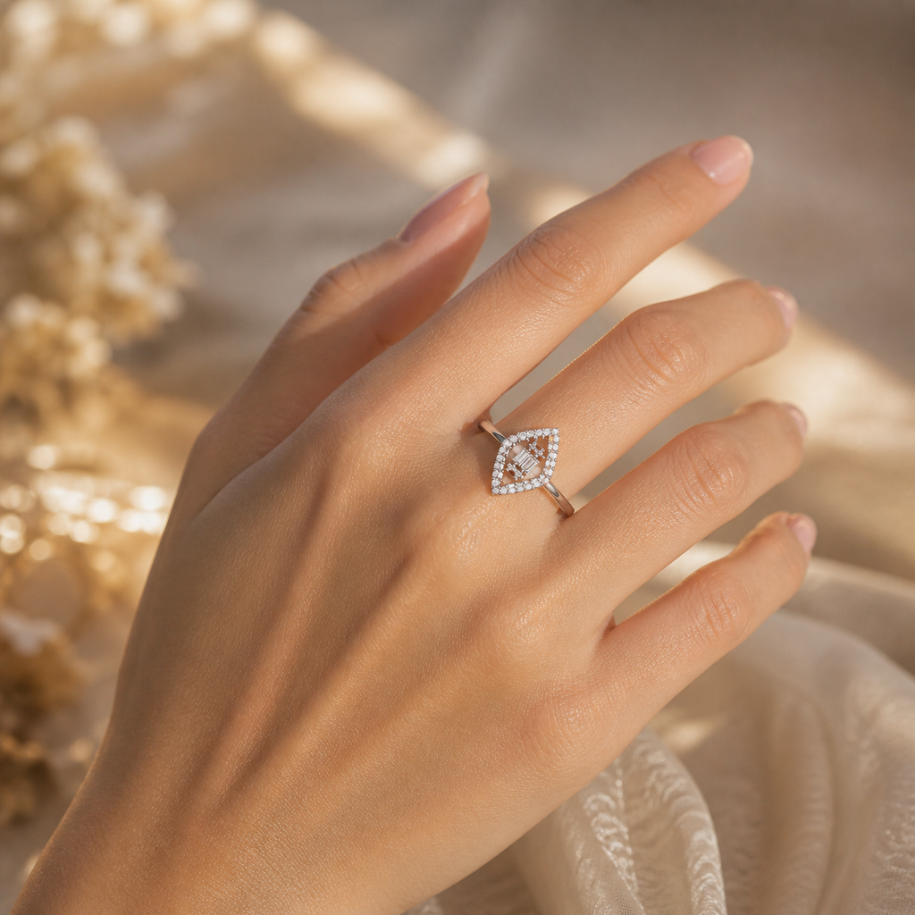 White Gold Baguette & Round Marquise Double Halo Lab Grown Diamond Engagement Ring Hand view