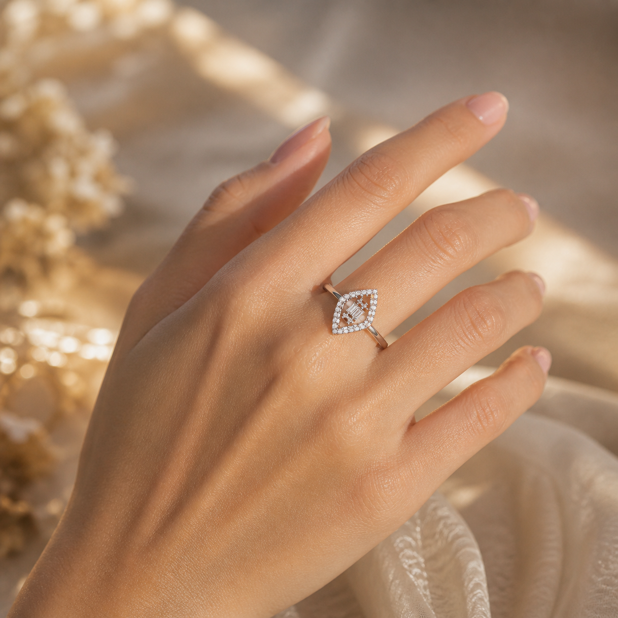 White Gold Baguette & Round Marquise Double Halo Lab Grown Diamond Engagement Ring Hand view