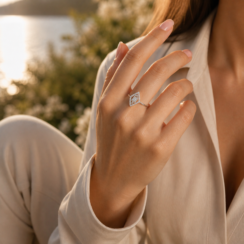 White Gold Baguette & Round Marquise Double Halo Lab Grown Diamond Engagement Ring Lifestyle view