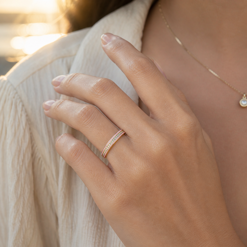 Yellow Gold Channel Set Diamond Wedding Ring lifestyle view