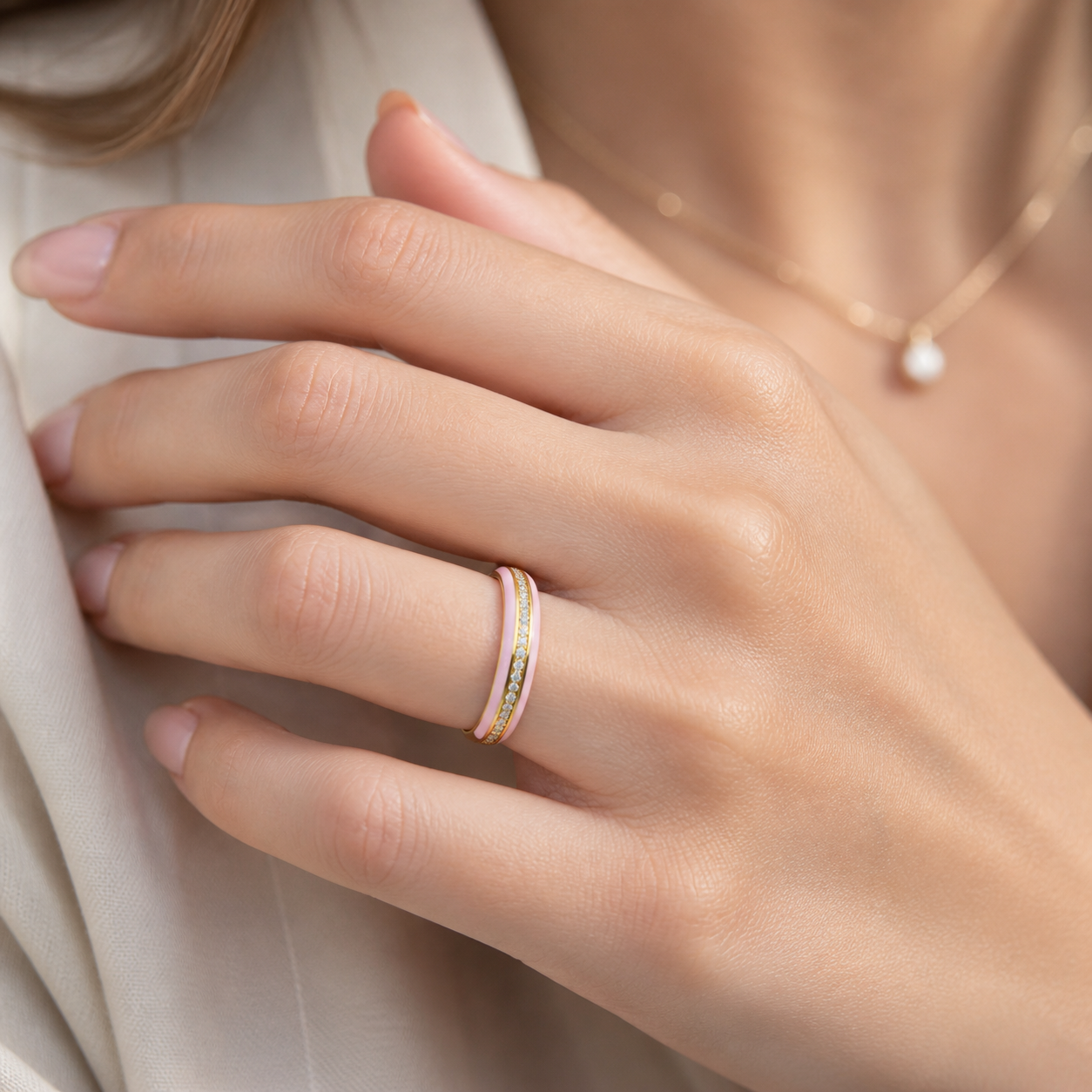 Yellow Gold Channel Set Diamond Wedding Ring on Hand