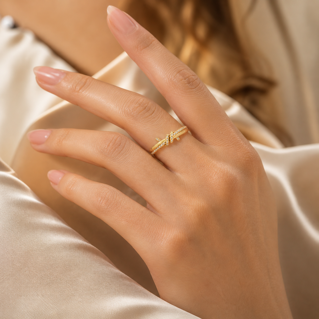 Yellow Gold Lab Grown Diamond Infinity Love Knot Ring on Hand Close-Up