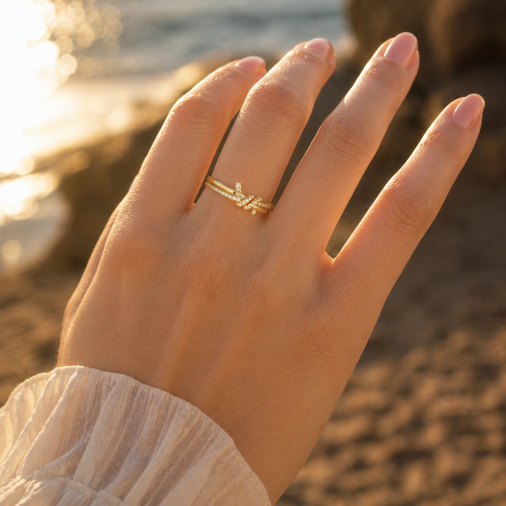 Yellow Gold Lab Grown Diamond Infinity Love Knot Ring on Hand