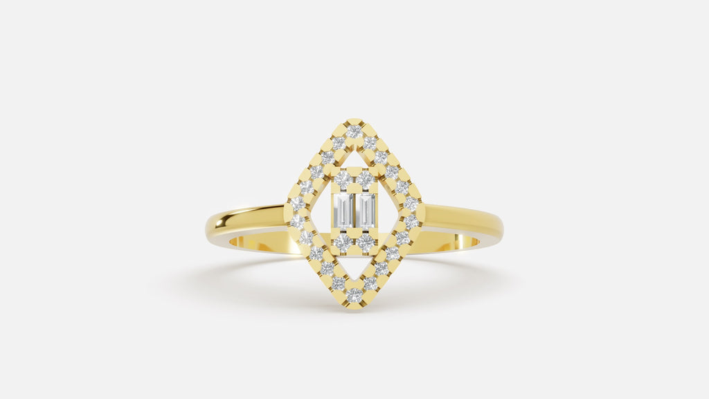 Yellow Gold Baguette & Round Marquise Double Halo Lab Grown Diamond Engagement Ring Front View
