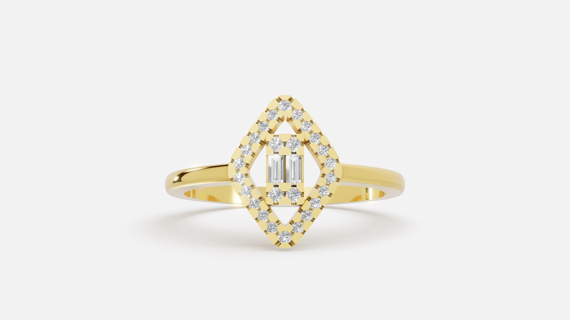 Yellow Gold Baguette & Round Marquise Double Halo Lab Grown Diamond Engagement Ring Front View