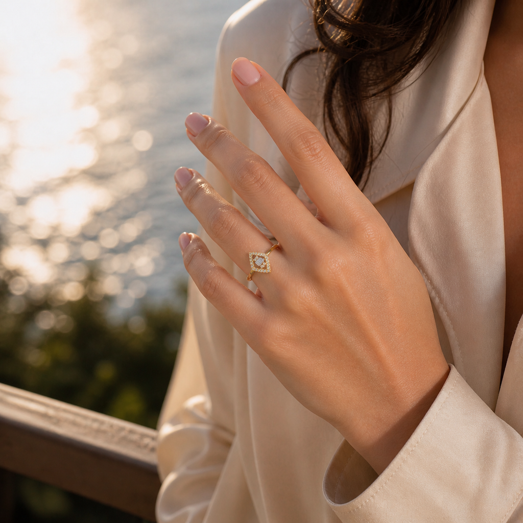 Yellow Gold Baguette & Round Marquise Double Halo Lab Grown Diamond Engagement Ring Lifestyle view