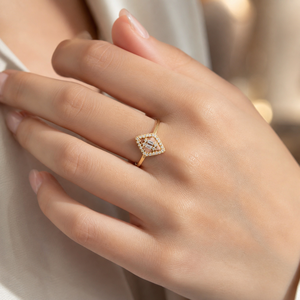 Yellow Gold Baguette & Round Marquise Double Halo Lab Grown Diamond Engagement Ring on Hand